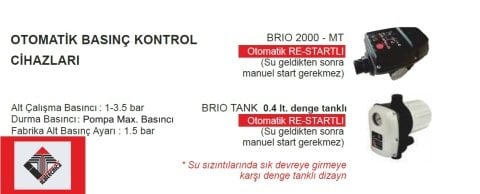 ITALTECNICA BRIO 2000  2Hp 220V  OTOMATİK BASINÇ KONTROL CİHAZLARI (HİDROMAT)