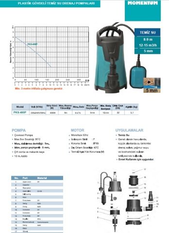 MOMENTUM PKS-400P 0,55hp 220v Plastik Gövdeli Temiz Su Drenaj Dalgıç Pompa