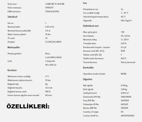 GRUNDFOS  COMFORT 15-14 B PM BRONZ GÖVDELİ TEK HIZLI RE-SİRKÜLASYON POMPASI - KULLANIM SUYU SICAK SU POMPASI - BOYLER HATLARI İÇİN - 97916771