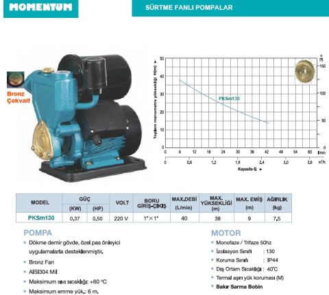 Momentum  PKSm130   0.50Hp  220V  Kendinden Emişli Sürtme Fanlı Hidrofor