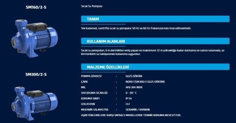 SUMAK SM160/2-S 220V 1.5 HP SICAK SU SANTRİFÜJ POMPA