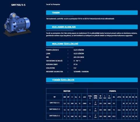SUMAK SMT750/3-S 380V 7.5 HP SICAK SU SANTRİFÜJ POMPA