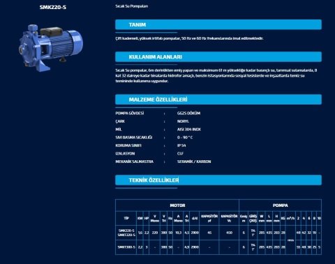 SUMAK SMKT300-S 380V 3 HP ÇİFT KADEMELİ SICAK SU SANTRİFÜJ POMPA