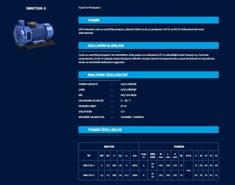 SUMAK SMKT550-S 380W 5.5 HP ÇİFT KADEMELİ SICAK SU SANTRİFÜJ POMPA