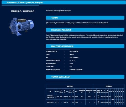 SUMAK SMKT220-P 2.2 HP 380W PASLANMAZ BRONZ ÇARKLI SANTRİFÜJ POMPA