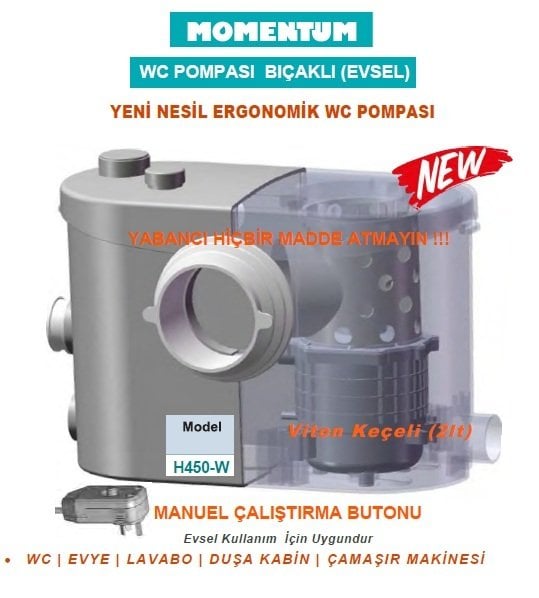 MOMENTUM H450-W  450W-220V  BIÇAKLI WC VE  ATIK SU POMPASI (WC-EVYE-LAVABO-DUŞA KABİN-ÇAMAŞIR MAKİNESİ) (EVSEL)