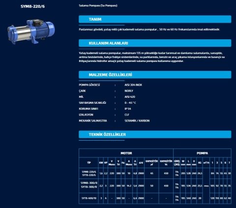 SUMAK SYMT8-220/6 2.2Hp 380v Yatay milli Kademeli Pompa