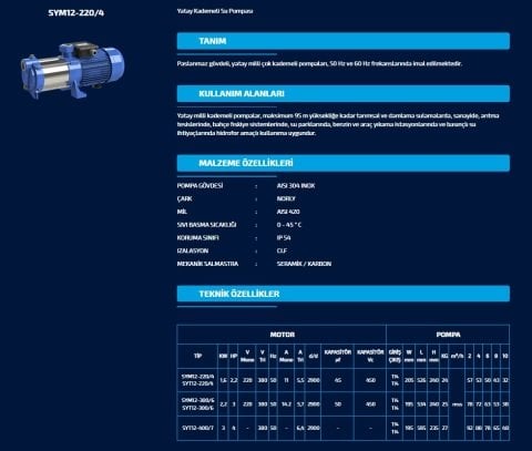 SUMAK SYMT12-300/6 3Hp 380v Yatay milli Kademeli Pompa