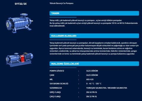 SUMAK SYT32/3E 5.5 HP  380W YATAY MİLLİ UÇTAN EMİŞLİ KADEMELİ POMPA