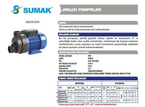 SUMAK SMJB-K85T 0.85HP 380v Jakuzi Pompası