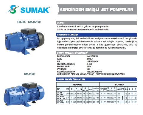 SUMAK SMJT100 1Hp 380v Döküm Gövdeli Jet Pompa