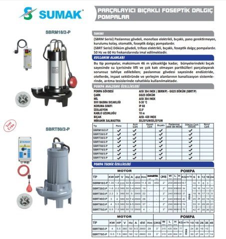 SUMAK SBRT 50/3 P    5.5Hp 380v Bıçaklı Foseptik Dalgıç Pompa (parçalayıcılı)
