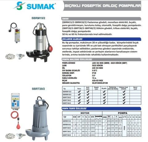SUMAK SBRT 50/3 P    5.5Hp 380v Bıçaklı Foseptik Dalgıç Pompa (parçalayıcılı)