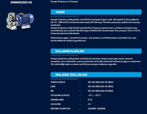 Sumak SMINOX 160/32   3Hp 380V   Komple Paslanmaz Çelik Rijit Kaplinli Flanşlı Santrifüj Pompa (AISI 316)