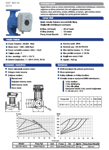Sumak  SSP 40/15 INV  DN40  220V  Flanşlı Frekans Kontrollü Sirkülasyon Pompası
