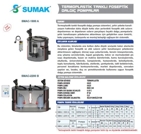 SUMAK SMAC-1800 A - 150 LT TERMOPLASTİK ATIK SU TAHLİYE ÜNİTESİ (PARÇALAYICI BIÇAKLI)
