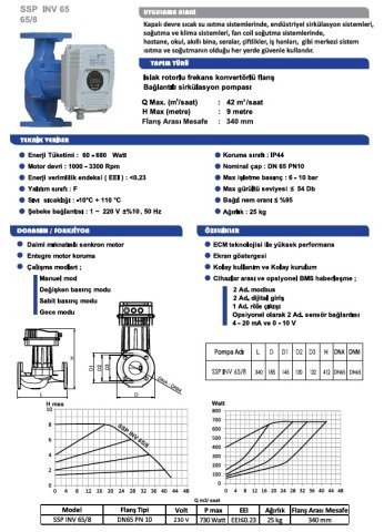 Sumak  SSP 65-8 INV  DN65  220V  Flanşlı Frekans Kontrollü Sirkülasyon Pompası