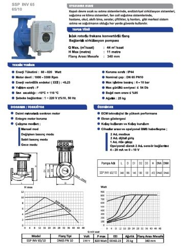 Sumak  SSP 65/10 INV  DN65  220V  Flanşlı Frekans Kontrollü Sirkülasyon Pompası