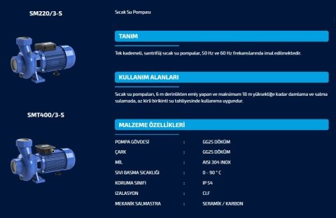 SUMAK SM 300/3-S  3HP 220V  SICAK SU SANTRİFÜJ POMPA