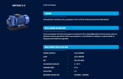 SUMAK SMT 550/3-S  5.5HP 380V  SICAK SU SANTRİFÜJ POMPA