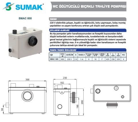 SUMAK SMAC 600 600W 220V KLOZET ARKASI WC ÖĞÜTÜCÜ POMPASI