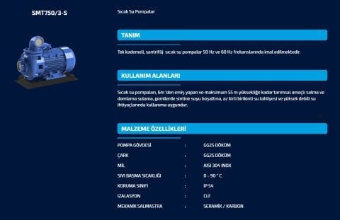 SUMAK SMT 1500/3-S  15HP 380V  SICAK SU SANTRİFÜJ POMPA
