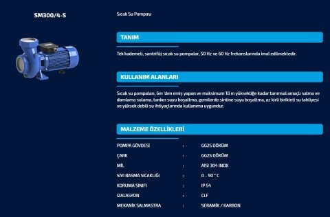 SUMAK SM 300/4-S  3HP 220V  SICAK SU SANTRİFÜJ POMPA