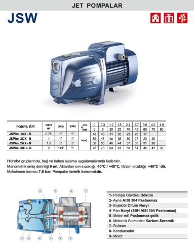 PEDROLLO JSWm 2CX-N 1HP 220V  DÖKÜM GÖVDELİ JET POMPA