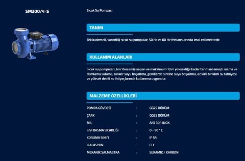 SUMAK SMT 400/4-S  4HP 380V  SICAK SU SANTRİFÜJ POMPA