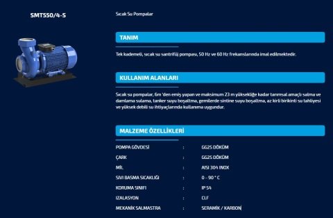 SUMAK SMT 550/4-S  5.5HP 380V  SICAK SU SANTRİFÜJ POMPA