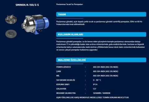 SUMAK SMINOX/A-150/2T-S    1.5 HP  380V  PASLANMAZ SICAK SU SANTRİFÜJ POMPA