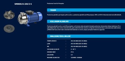 SUMAK SMINOX/K-300/2-S    3HP  220V  PASLANMAZ SICAK SU SANTRİFÜJ POMPA