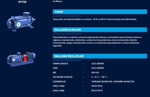 SUMAK SYT 50/9   75kW   380V  YATAY MİLLİ KADEMELİ POMPA