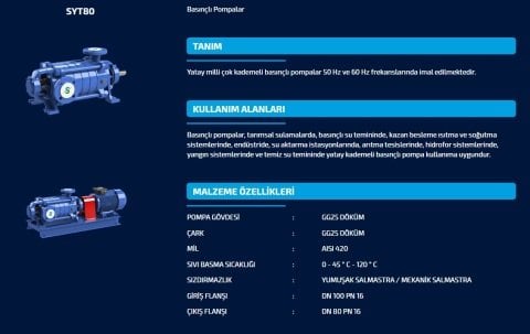 SUMAK SYT 80/2   55kW   380V  YATAY MİLLİ KADEMELİ POMPA