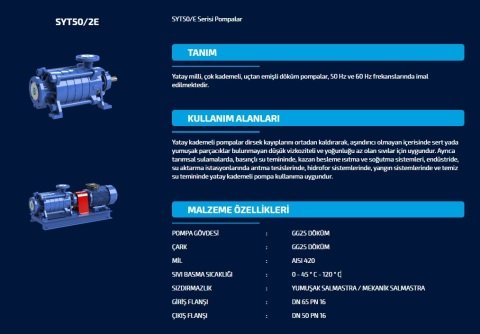 SUMAK  SYT 50/2E   15kW 380V   YATAY MİLLİ KADEMELİ UÇTAN EMİŞLİ POMPA