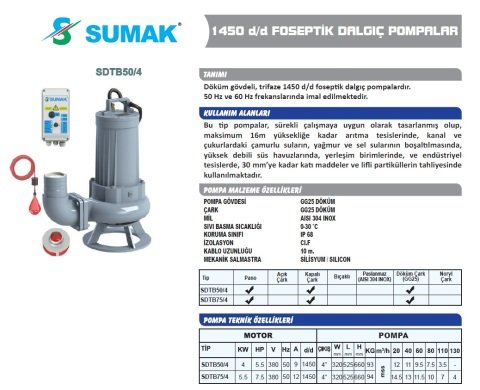 SDTB 50/4 5.5 HP 380V FOSEPTİK DALGIÇ POMPA 1450 d/d