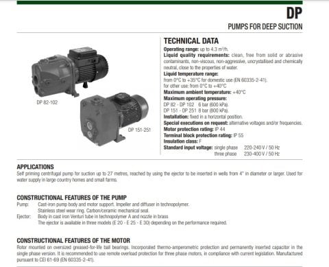 Dab DP 151 M    1.1kW  220V   Kendinden Emişli Enjektörlü Pompa (27 metreye kadar emiş yapabilir.)
