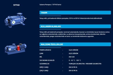 SUMAK  SYT 40/7   4kW 380V   YATAY MİLLİ KADEMELİ  POMPA (1450 d/d)