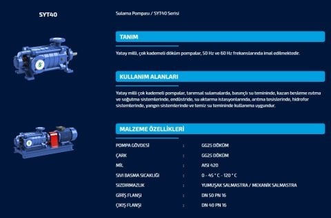 SUMAK  SYT 40/10   5.5kW 380V   YATAY MİLLİ KADEMELİ  POMPA (1450 d/d)