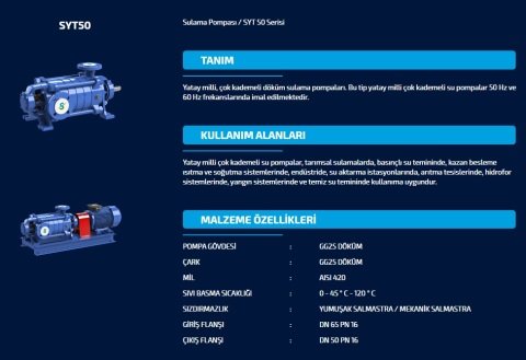 SUMAK  SYT 50/2   2.2kW 380V   YATAY MİLLİ KADEMELİ  POMPA (1450 d/d)