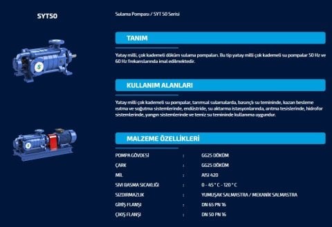 SUMAK  SYT 50/7   7.5kW 380V   YATAY MİLLİ KADEMELİ  POMPA (1450 d/d)