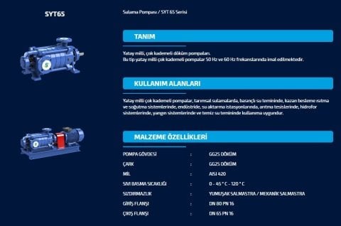 SUMAK  SYT 65/5   11kW 380V   YATAY MİLLİ KADEMELİ  POMPA (1450 d/d)