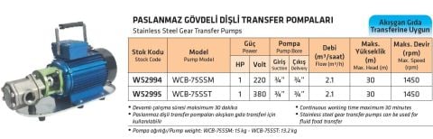 WATER SOUND WCB-75SSM, 1HP, 220V, PASLANMAZ GÖVDELİ, DİŞLİ, YAĞ TRANSFER POMPASI [ 1450 d/d ]