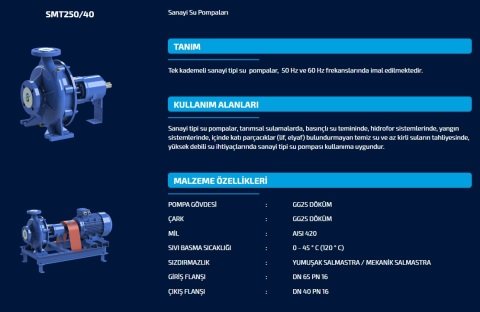 Sumak SMT250/40     15 kW  380V   Tek Kademeli Salyangoz Gövdeli Pompa (2900 d/d)