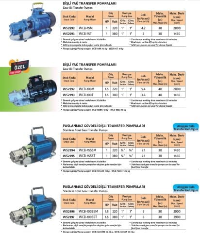 WATER SOUND WCB-75M, 1HP, 220V, DİŞLİ, YAĞ TRANSFER POMPASI