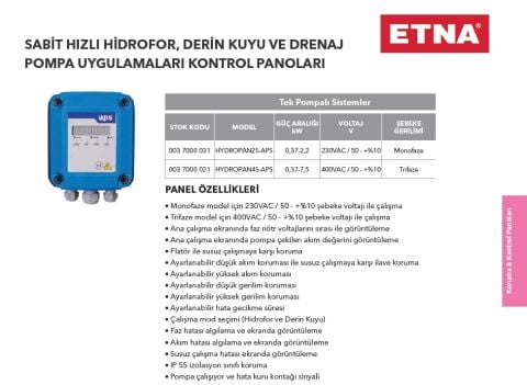 Etna HYDROPAN2S-APS  0.37-2.2kW 220V  Tek Pompalı Sistemler Sabit Hızlı Hidrofor ve Derin Kuyu Sondaj Drenaj Dalgıç Pompa Uygulamaları İçin Kontrol Panosu