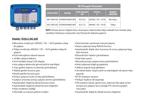 Etna HYDROPAN2S-APS  0.37-2.2kW 220V  Tek Pompalı Sistemler Sabit Hızlı Hidrofor ve Derin Kuyu Sondaj Drenaj Dalgıç Pompa Uygulamaları İçin Kontrol Panosu