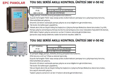 EPC TOU S02 SERİSİ - IP 54-  0,7-4 KW (1 HP-5,5 HP)TRİFAZE 380V-50 HZ  ÇİFT POMPALI PANO - AKILLI KONTROL ÜNİTESİ (Dalgıç pompa, hidrofor ve drenaj pompalarında kullanım.)