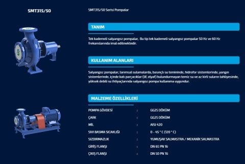 Sumak SMT315/50    11 kW  380V   Tek Kademeli Salyangoz Gövdeli Pompa (1450 d/d)