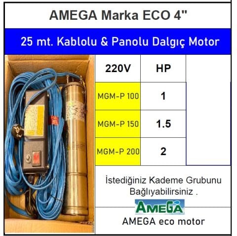 Amega MGM-P 100 1Hp 220V 4'' 25 Metre Kablolu ve Panolu Dalgıç Motor (Eco motor)